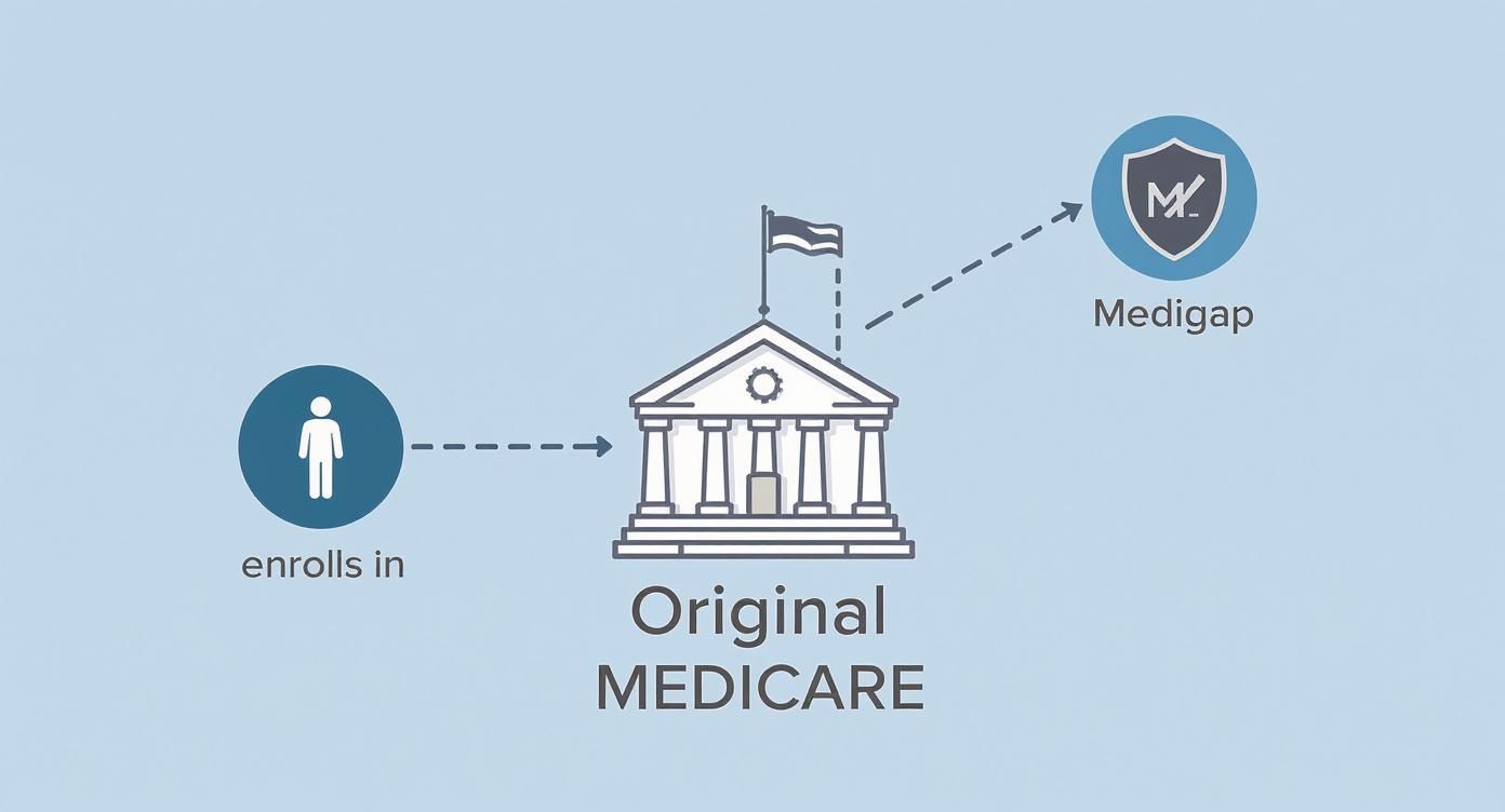 Diagram showing a person enrolling in Original Medicare, with an arrow pointing to Medigap coverage.