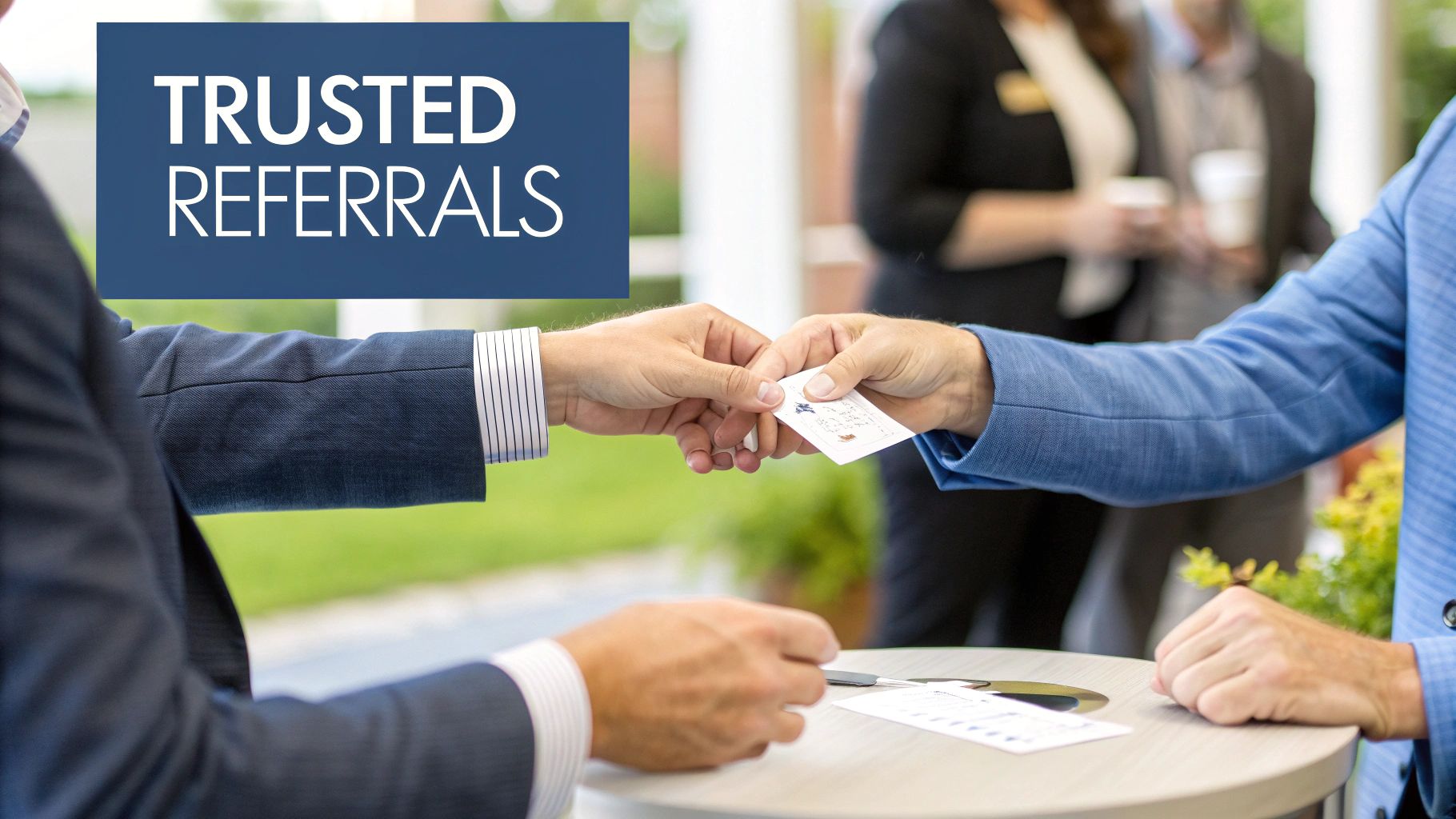 Two businessmen exchange cards at a networking event, with 'TRUSTED REFERRALS' text visible.