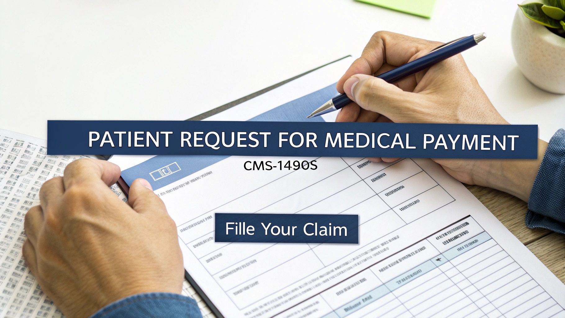 A person filling out a 'Patient Request for Medical Payment' form, CMS-1490S, to file a claim.