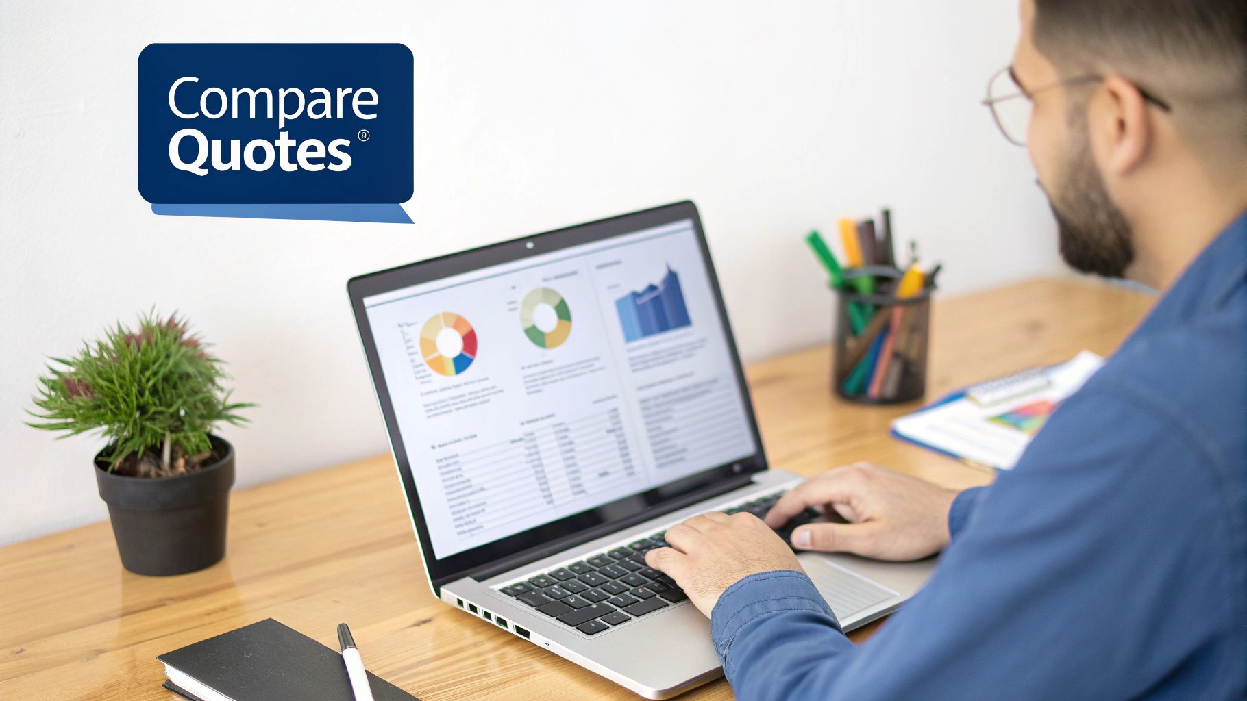 Man comparing quotes on a laptop with data charts and graphs, next to a 'Compare Quotes' logo.