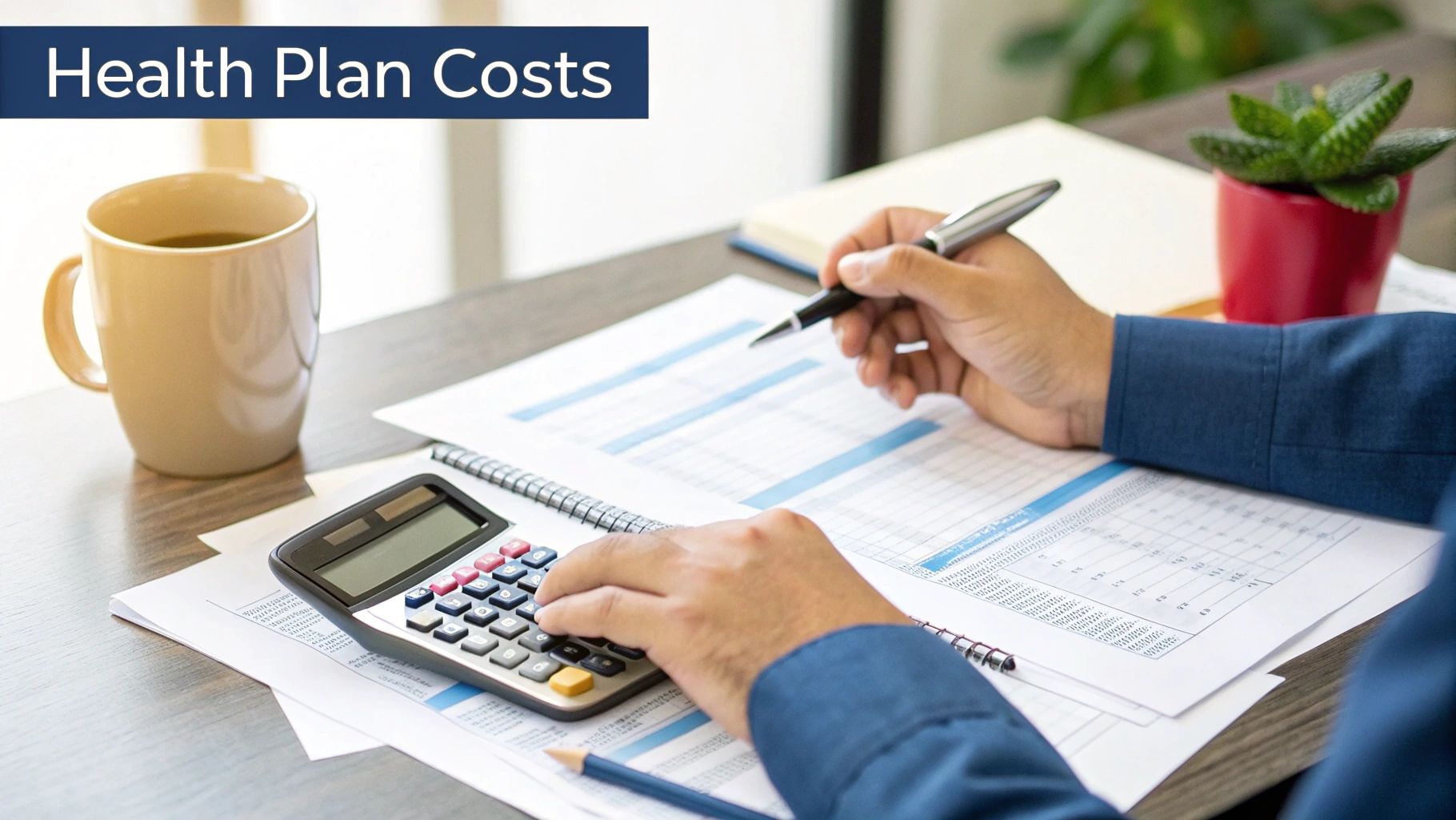 A person calculates health plan costs using a calculator and pen, with documents and a coffee cup on a desk.