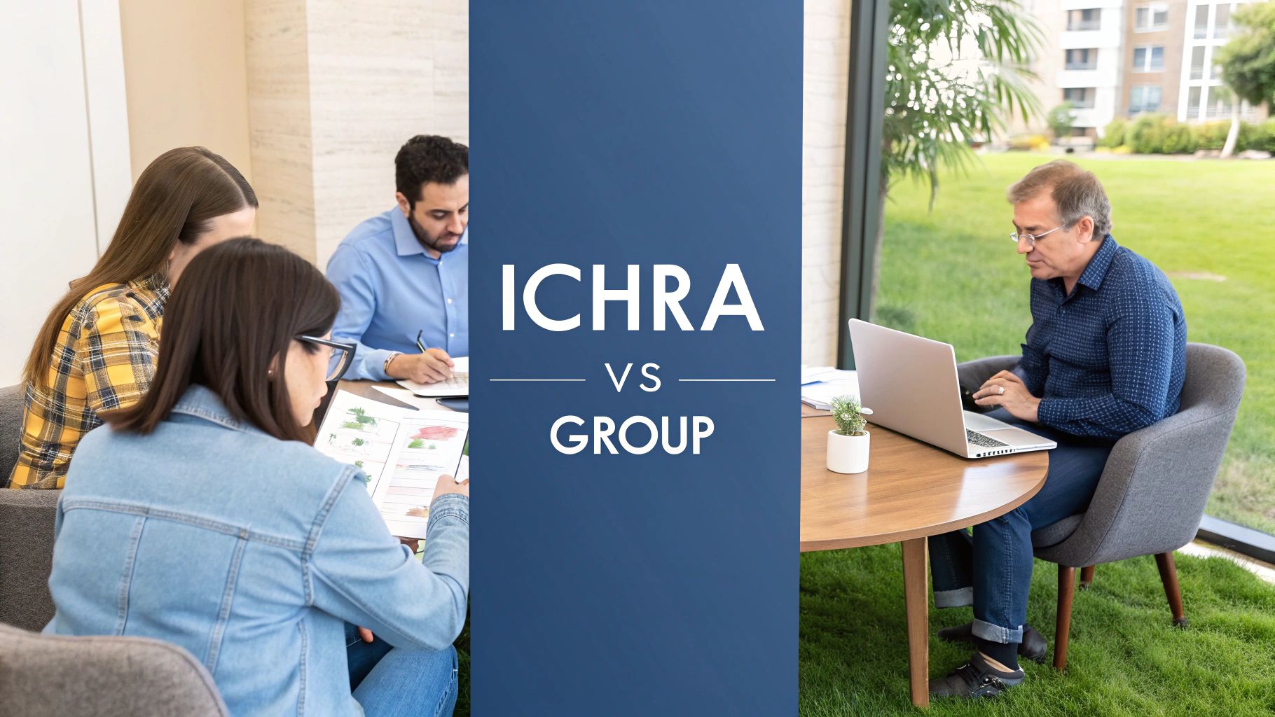 A split image showing group collaboration and an individual working on a laptop, with ICHRA vs GROUP text.