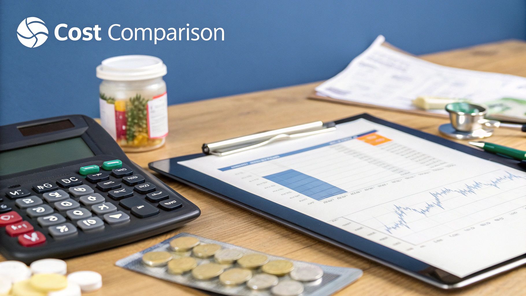 A person using a calculator with financial documents, comparing Medicare costs.