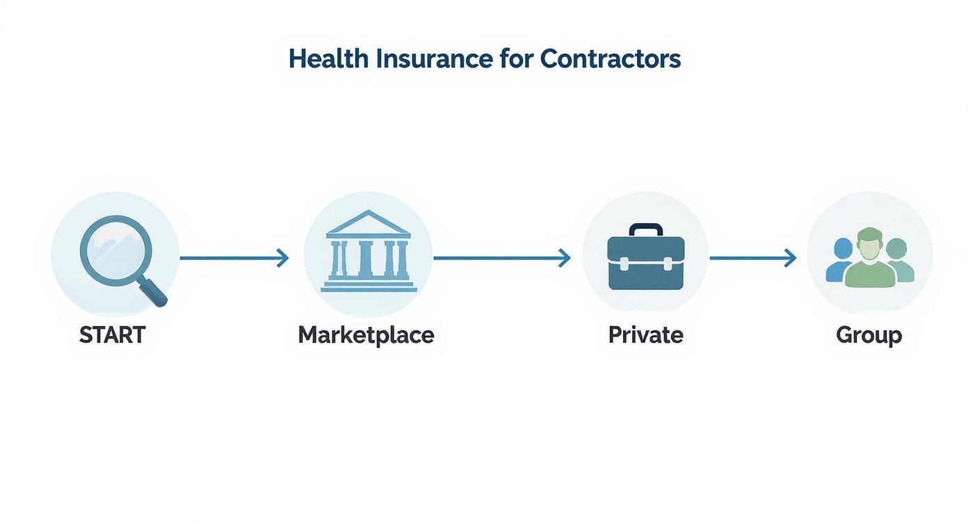 Flowchart illustrating health insurance options for contractors, including Marketplace, Private, and Group plans.