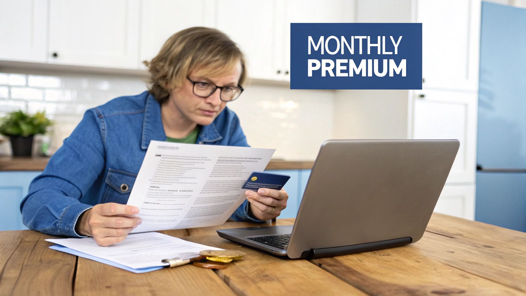 A person with glasses reviews financial documents and a credit card, using a laptop at a wooden table, with 'MONTHLY PREMIUM' text overlay.