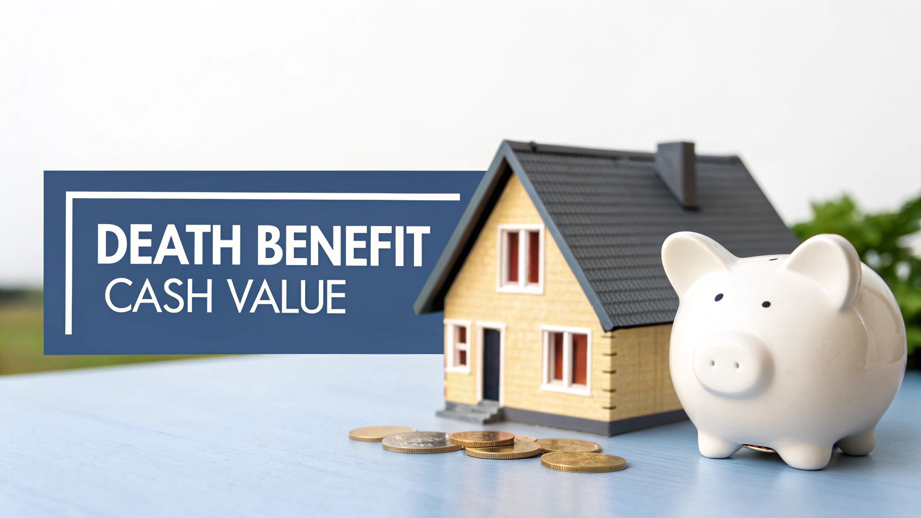 A miniature house, piggy bank, and coins are next to a banner reading “DEATH BENEFIT CASH VALUE.”