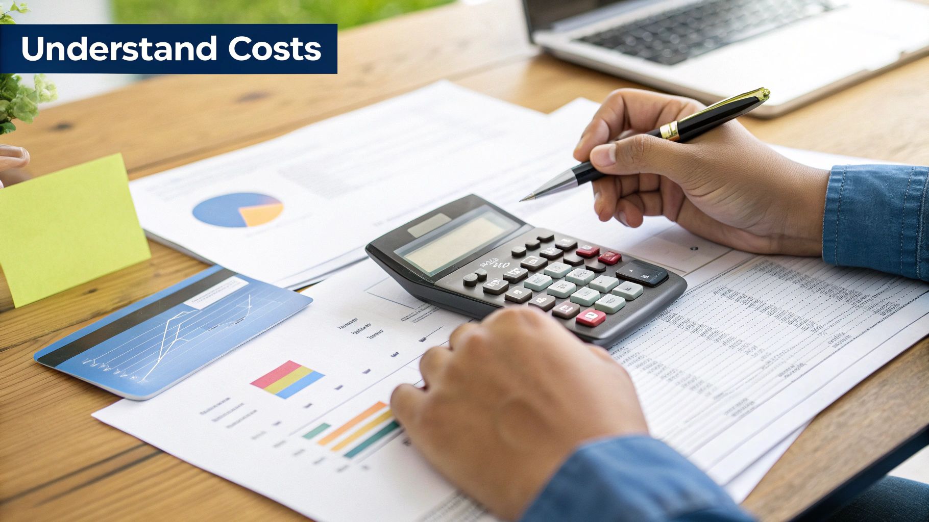 A person reviewing their budget with a calculator and health insurance documents.