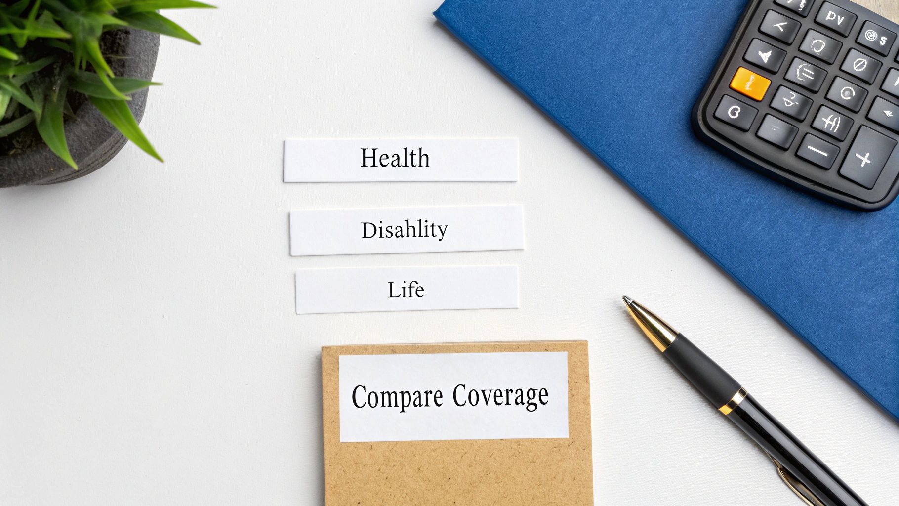 Flat lay of insurance options: Health, Disability, Life labels, and a 'Compare Coverage' notebook.