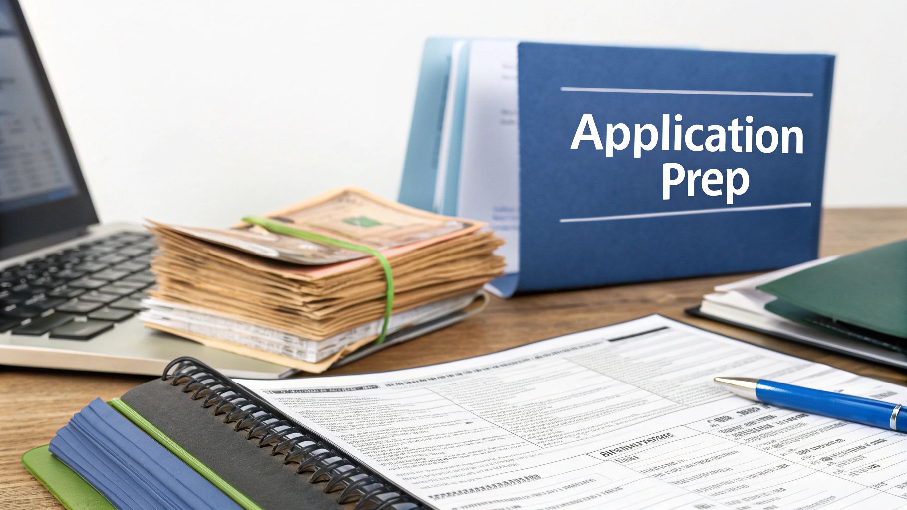 Person sitting at a desk with organized paperwork, filling out an application form.