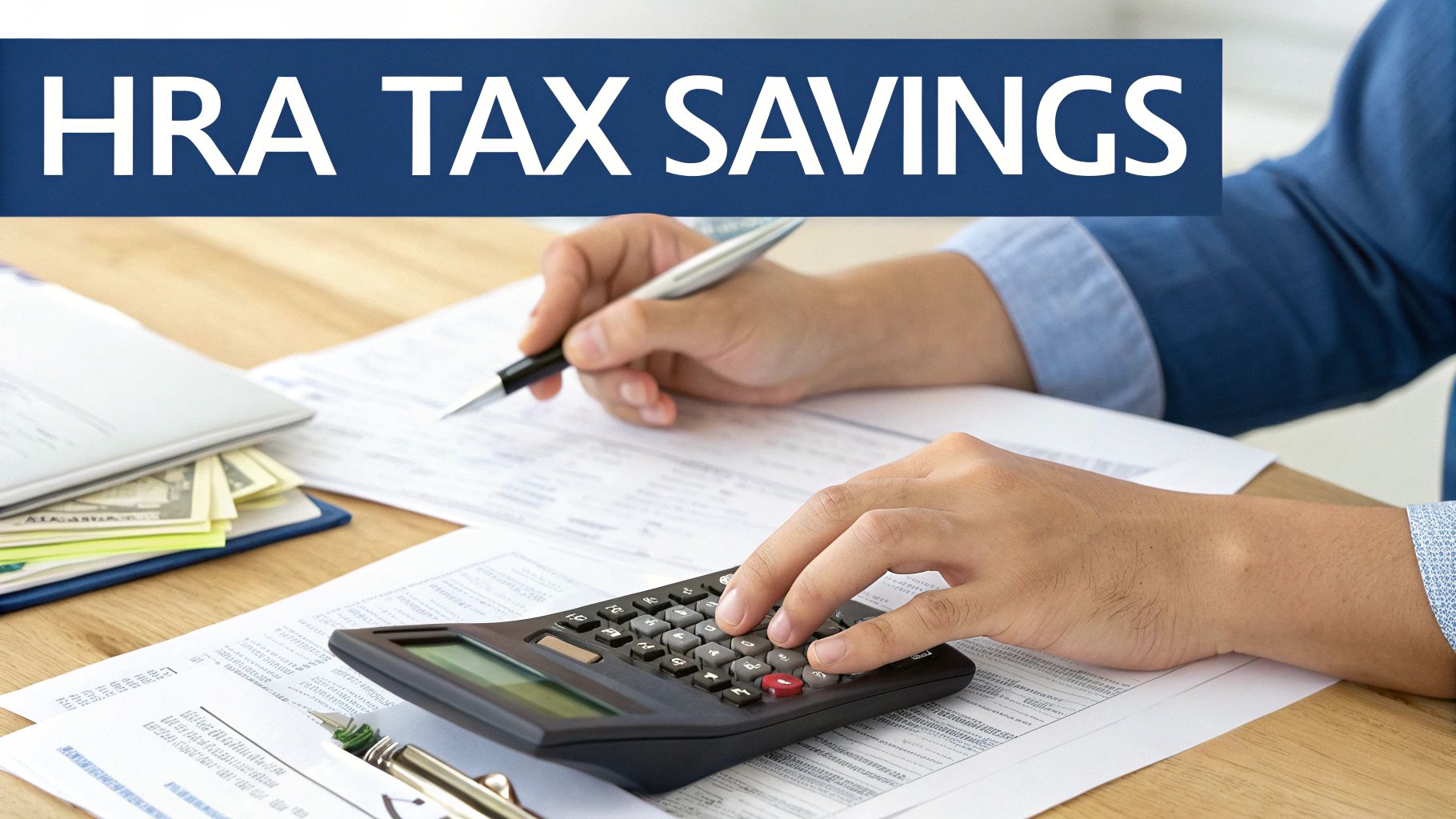 A person's hands calculating HRA tax savings with a calculator, pen, and financial papers on a wooden desk.