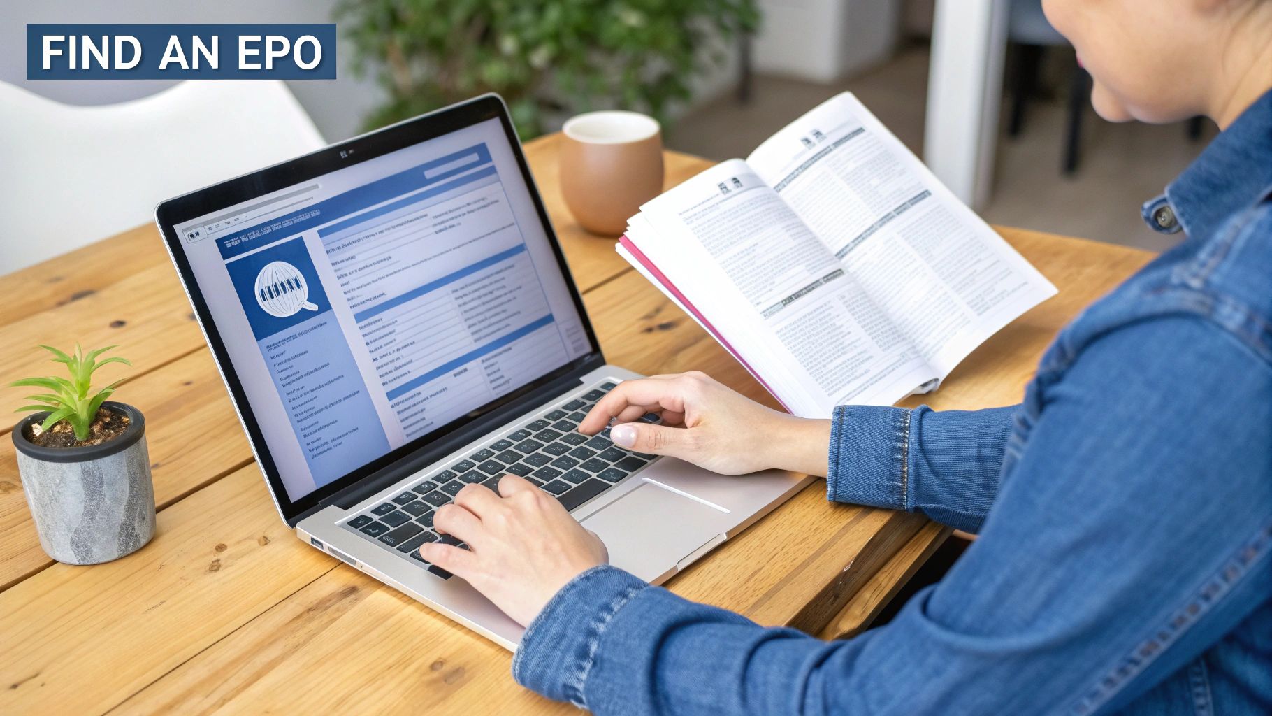 Person typing on a laptop and reading a document on a wooden desk in a bright room.
