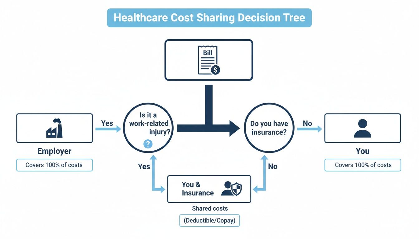 A healthcare cost sharing decision tree flowchart showing who covers medical costs based on work-related injury and insurance status.
