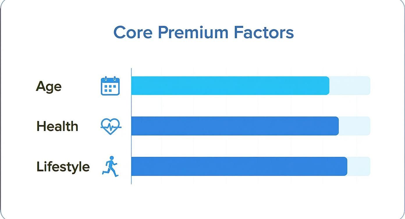 Core premium factors chart showing age, health, and lifestyle as key determinants for insurance costs