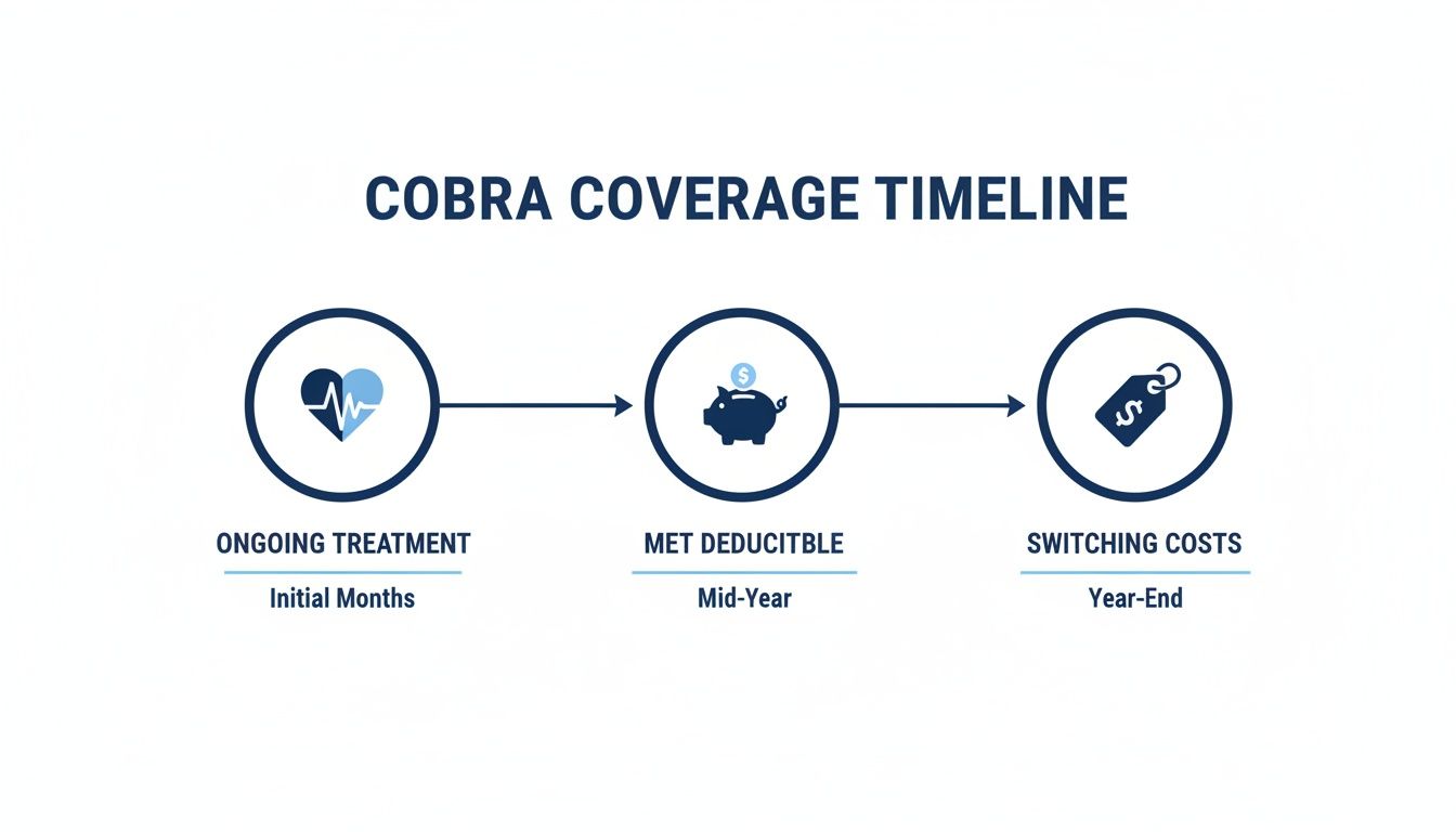 A COBRA coverage timeline illustrating ongoing treatment, meeting deductible, and switching costs over a year.
