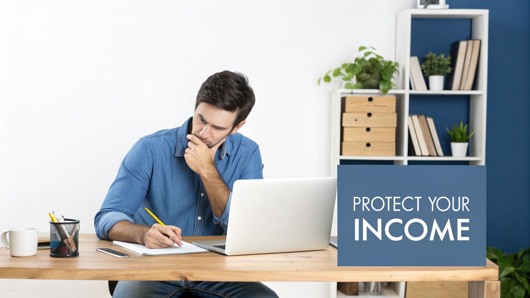 A self-employed professional working on a laptop in a modern home office setting, looking focused and secure.
