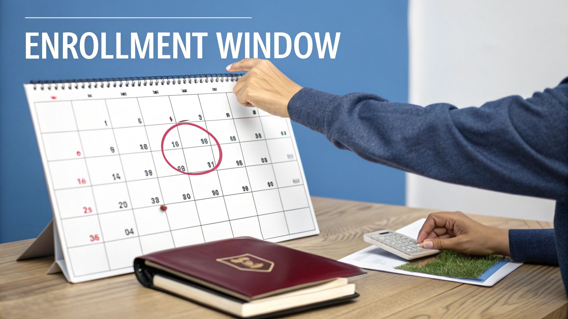 A person's hand points to a desk calendar with 'Enrollment Window' written above it, circling dates.