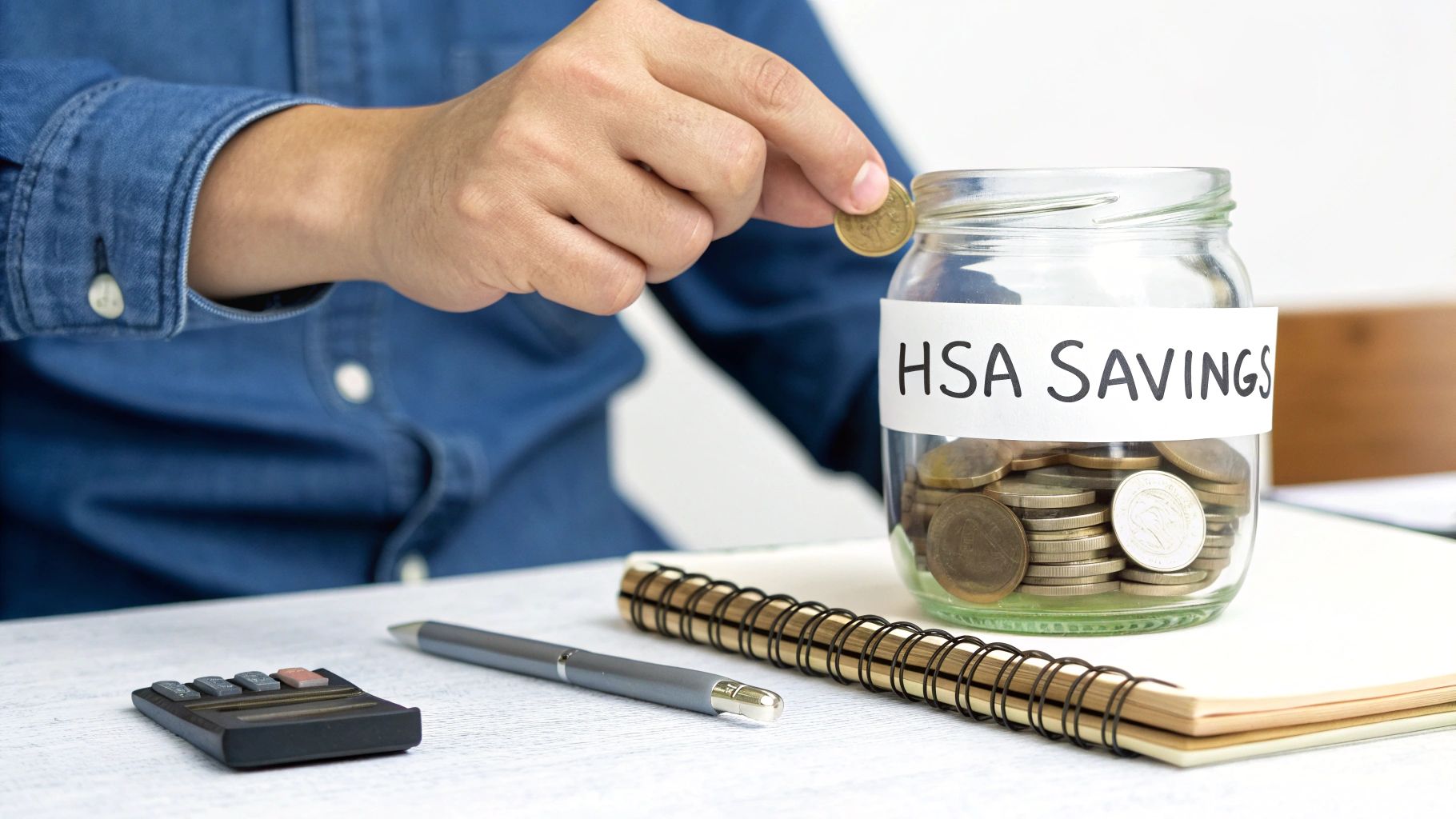 Person depositing coin into HSA savings jar with calculator and notebook on desk