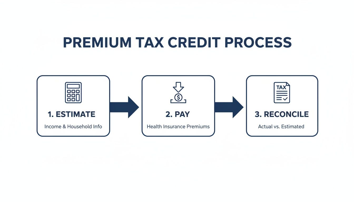 A three-step diagram illustrates the Premium Tax Credit process: Estimate, Pay, and Reconcile.