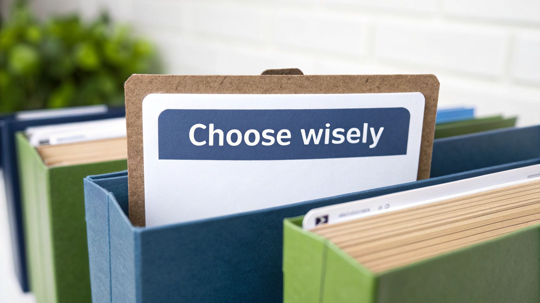 Organized file folders with choose wisely label for healthcare plan decision making process
