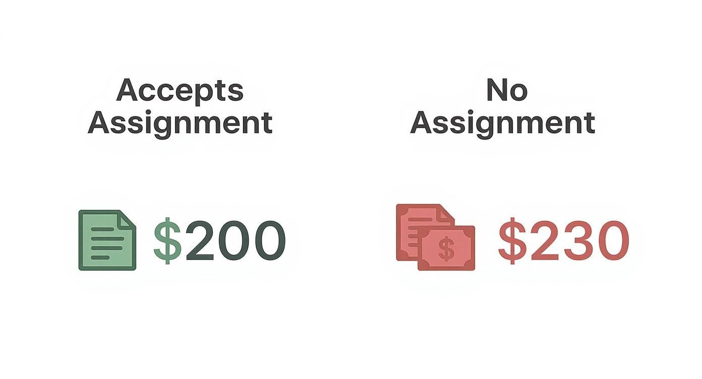 Infographic comparing a $200 medical bill from a provider who accepts assignment to a $230 bill from a provider who does not, highlighting the 15% excess charge.