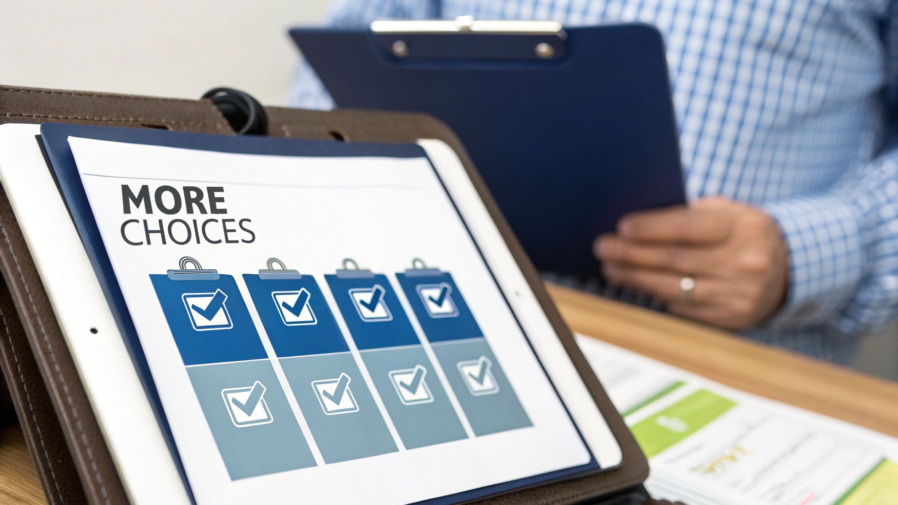 Digital choices on a tablet screen, showing 'MORE CHOICES' and checkmarks, with a person in background.