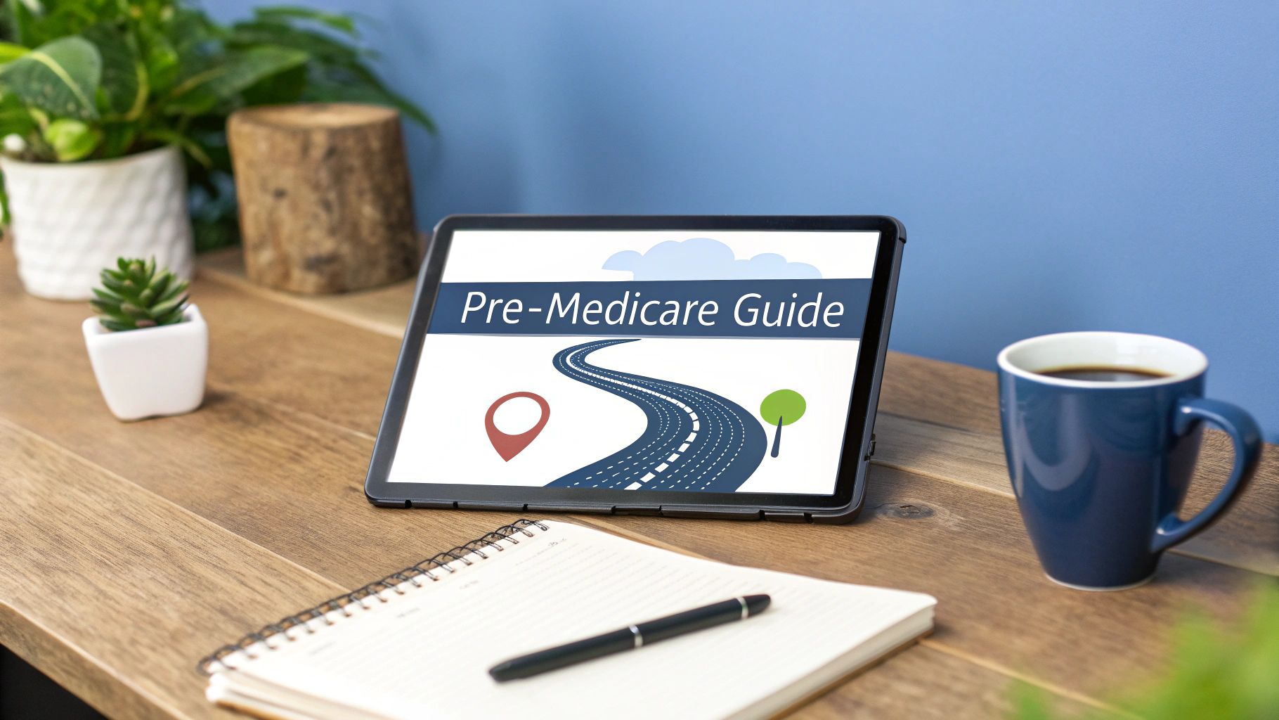 Tablet on a wooden desk displaying a 'Pre-Medicare Guide' with a winding road graphic.