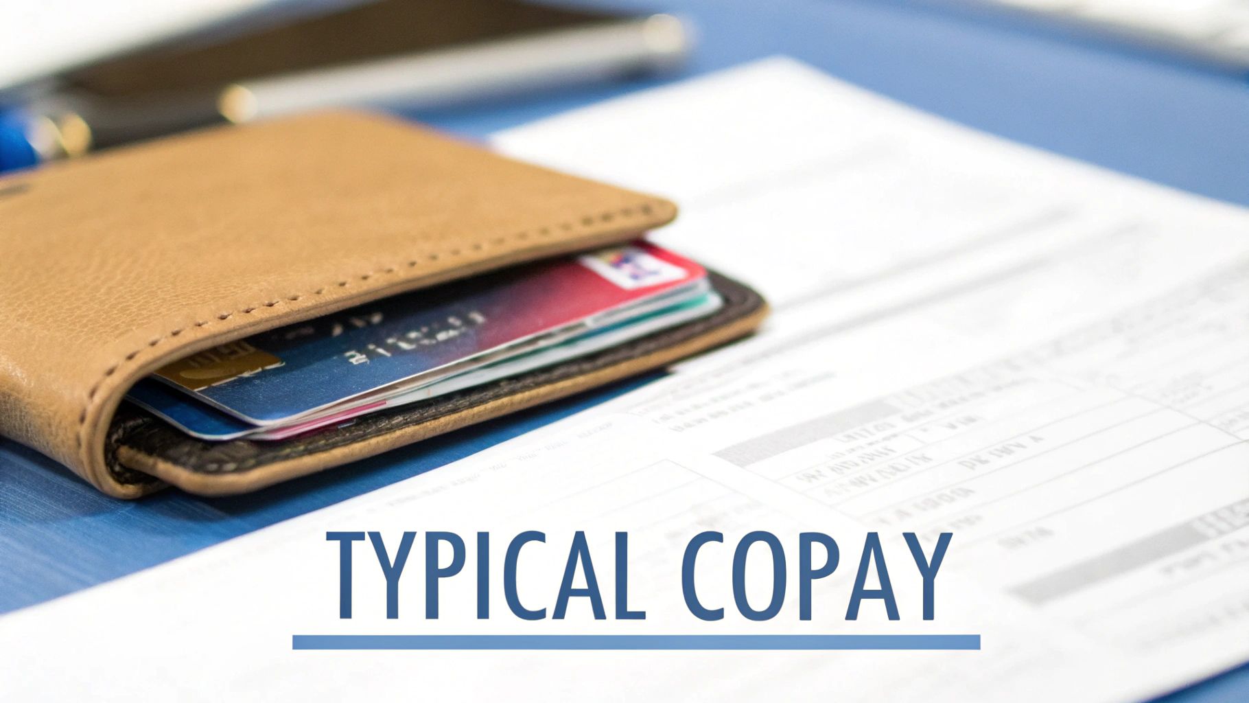 A tan leather wallet filled with credit cards sits on blurred papers with the text "TYPICAL COPAY".