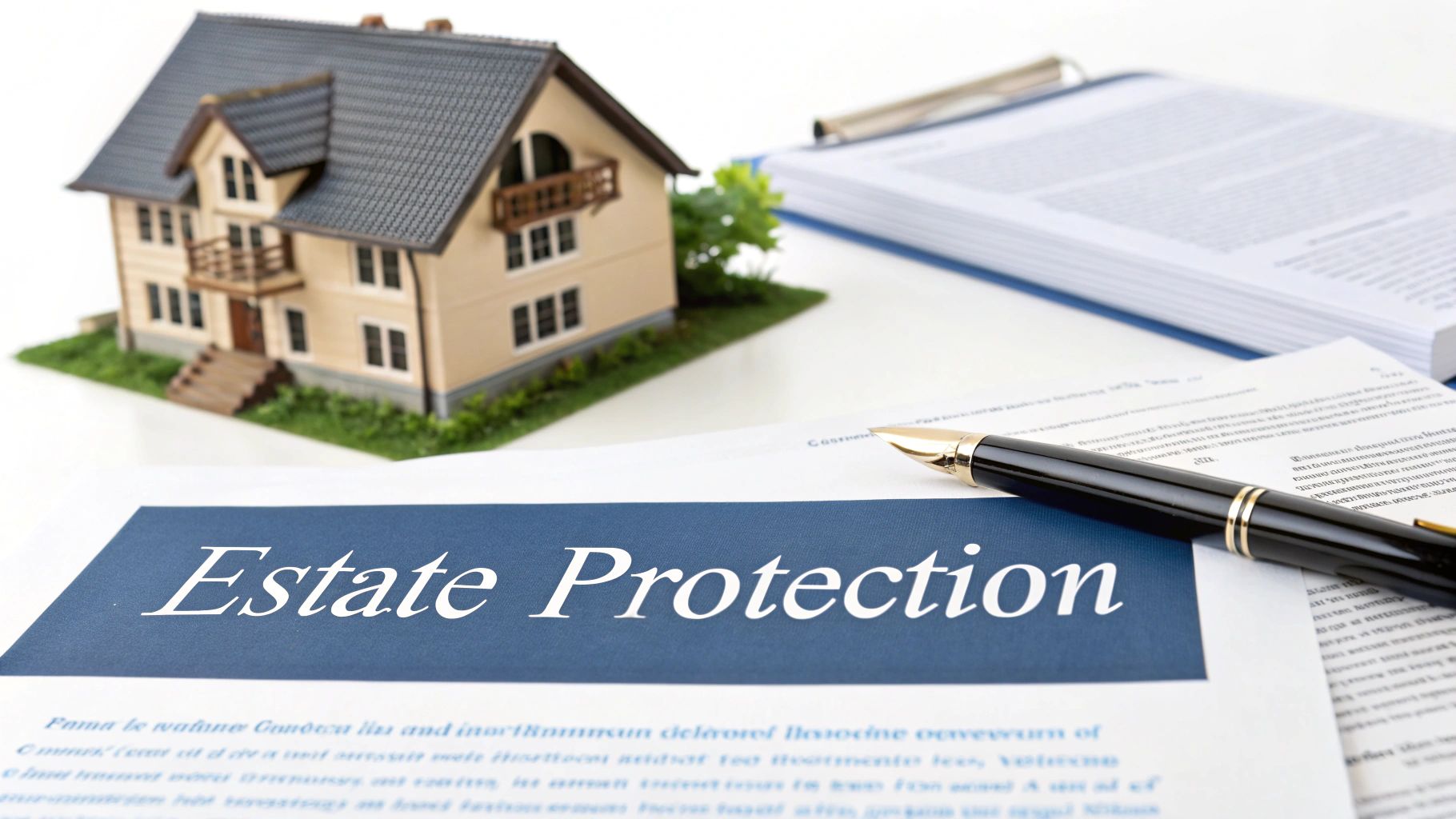 A miniature house, a pen, and documents with 'Estate Protection' on a blue banner, signifying legal planning.