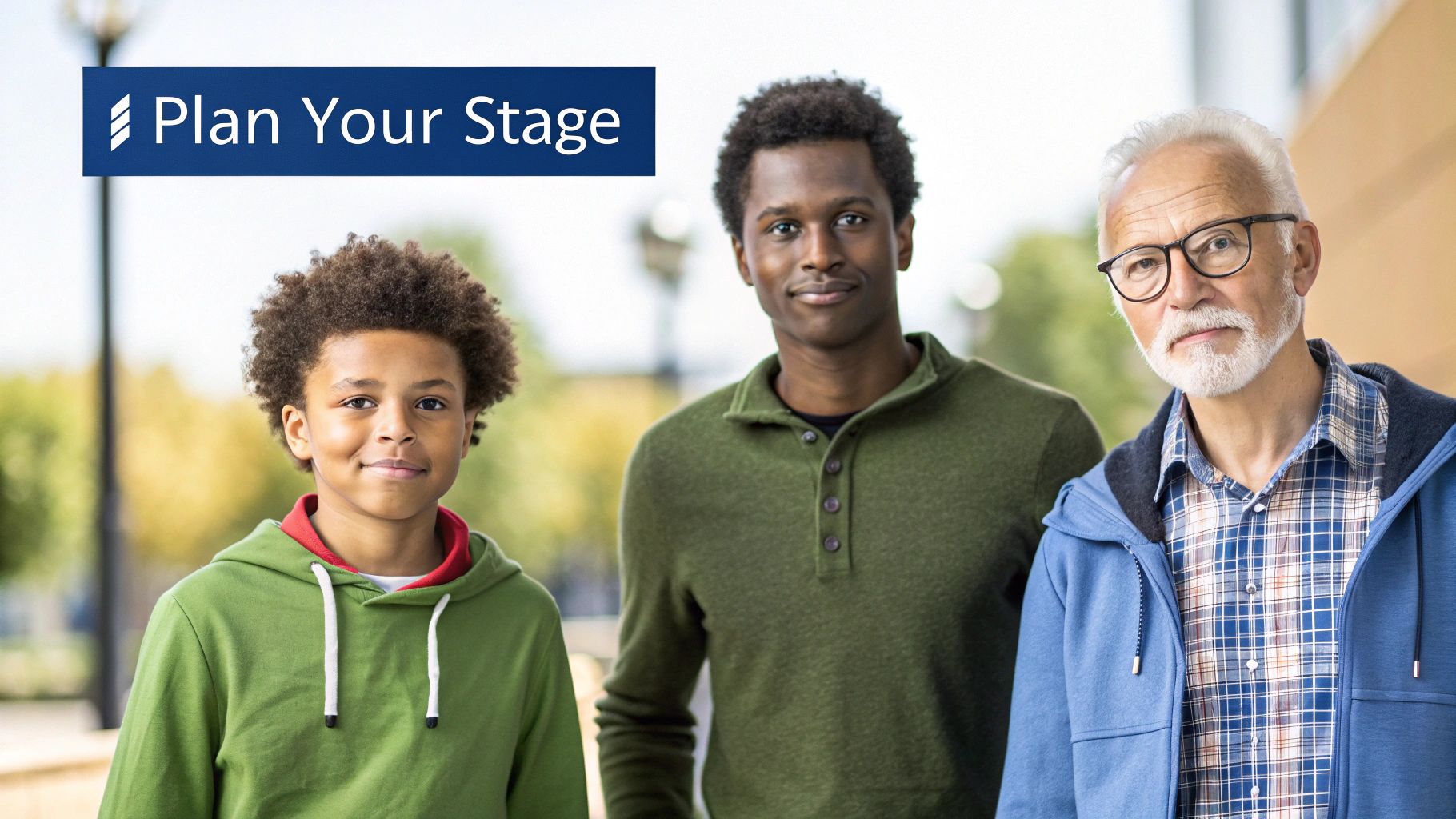 A diverse group of people representing different life stages looking at health insurance options.