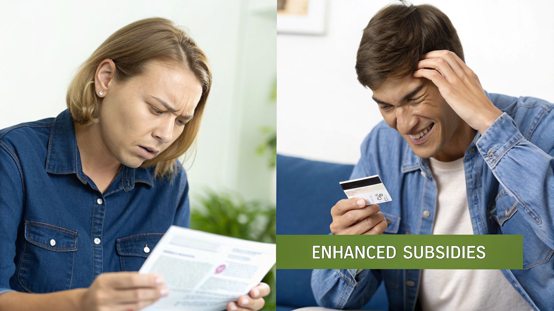 Two people demonstrate financial impact: one confused by a document, the other happy holding a credit card with "Enhanced Subsidies" text.