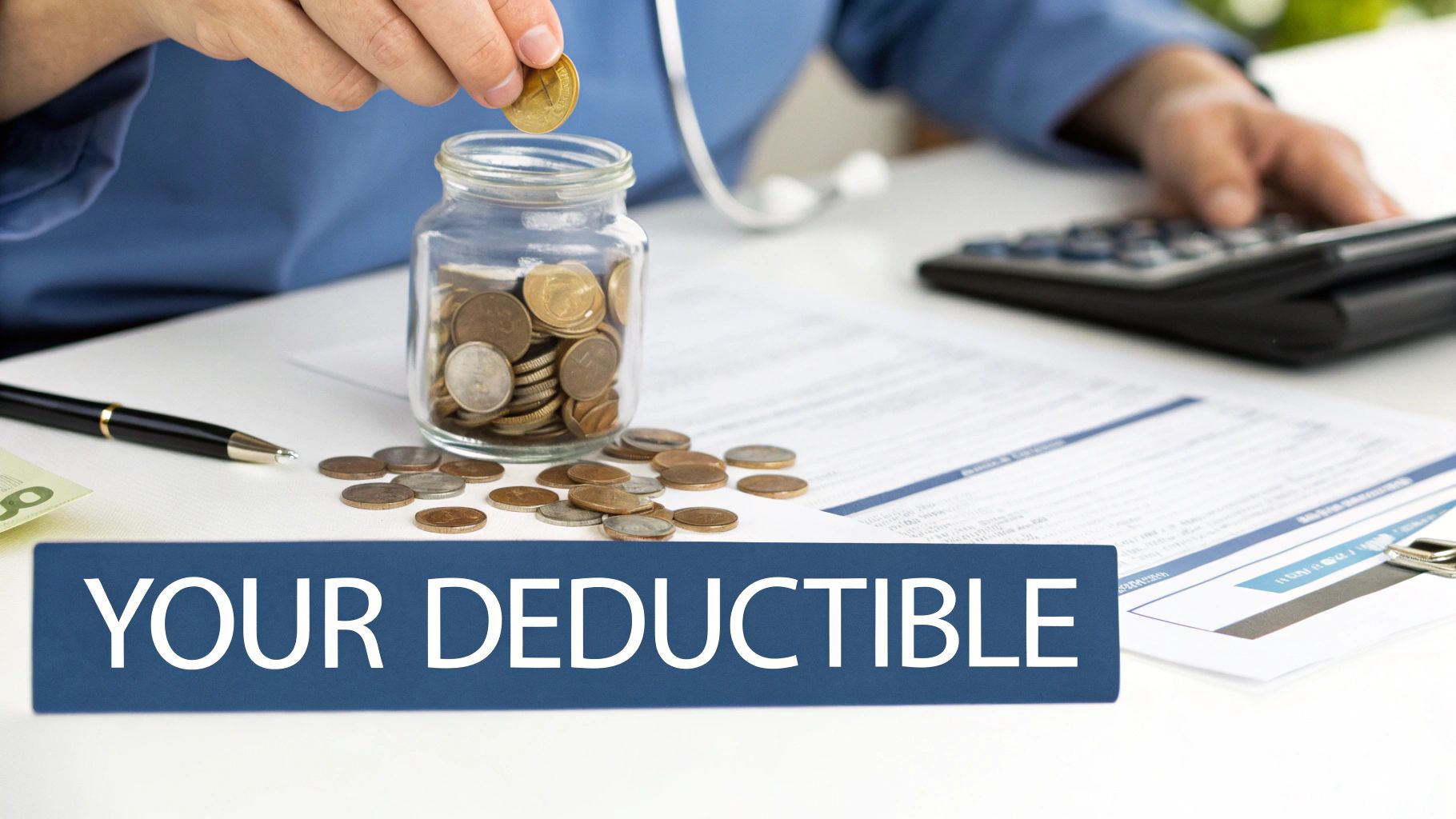 A person puts coins into a jar labeled 'YOUR DEDUCTIBLE,' surrounded by money, a calculator, and documents.