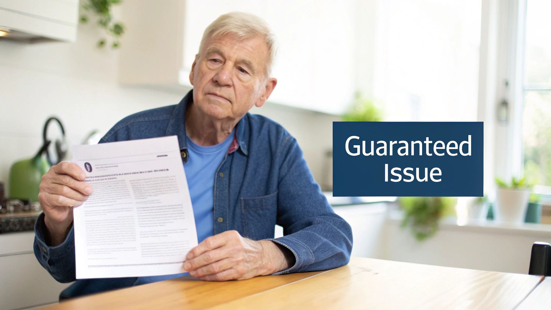 An elderly man holds a document in a kitchen, with a 'Guaranteed Issue' text box.