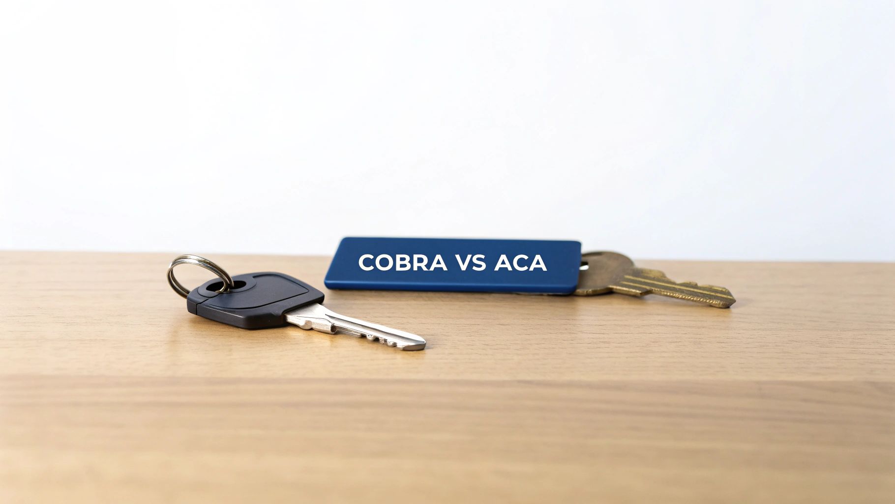 Two keys and a blue keychain featuring the text 'COBRA VS ACA' on a wooden surface.