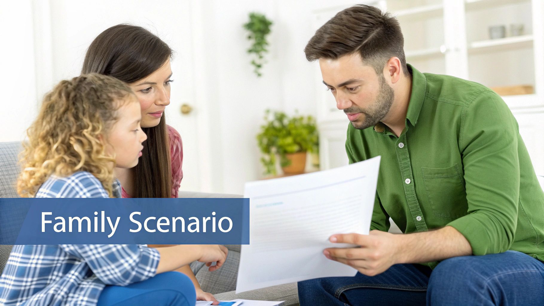 Parents and young daughter reviewing life insurance policy documents together on living room couch