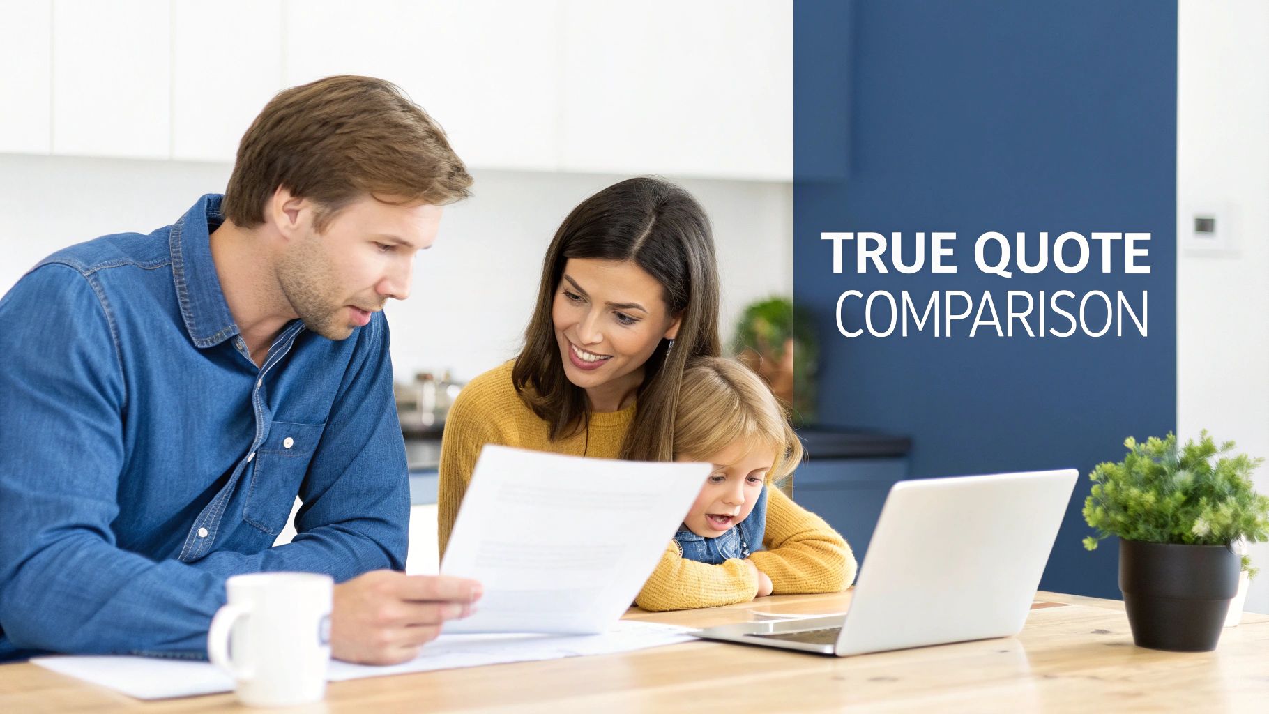 A family comparing true quotes on documents and a laptop, at a table in their home.