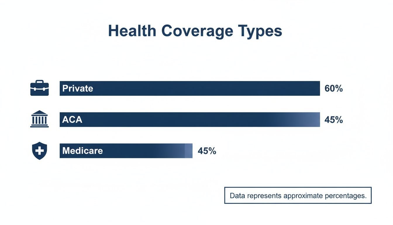 Bar chart illustrating health coverage types: Private 60%, ACA 45%, and Medicare 45%.