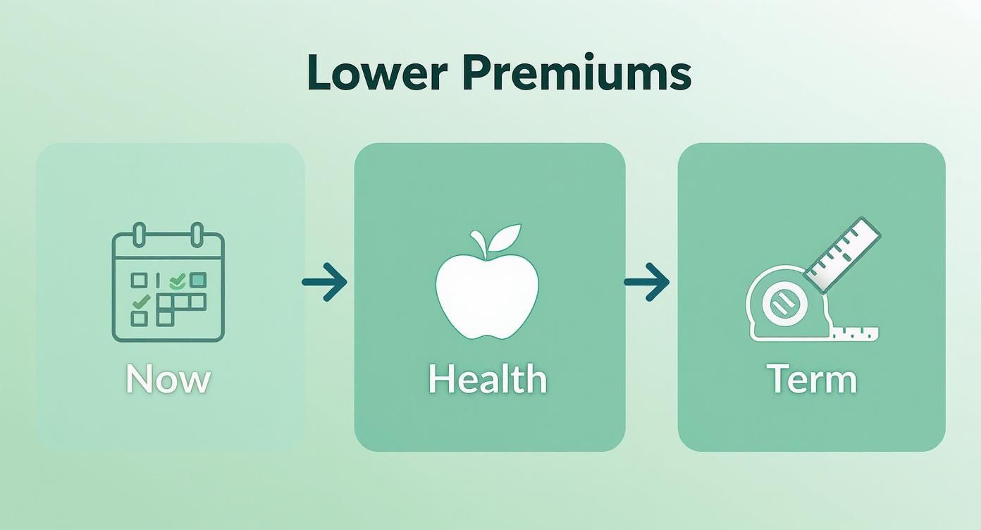 Diagram illustrating how improving health and choosing a suitable term can lead to lower insurance premiums.