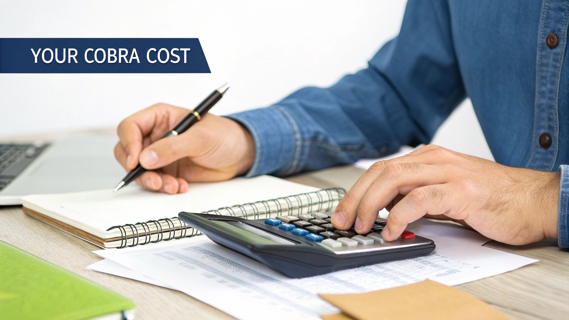 A person calculates COBRA costs, writing in a notebook and using a calculator on a desk.