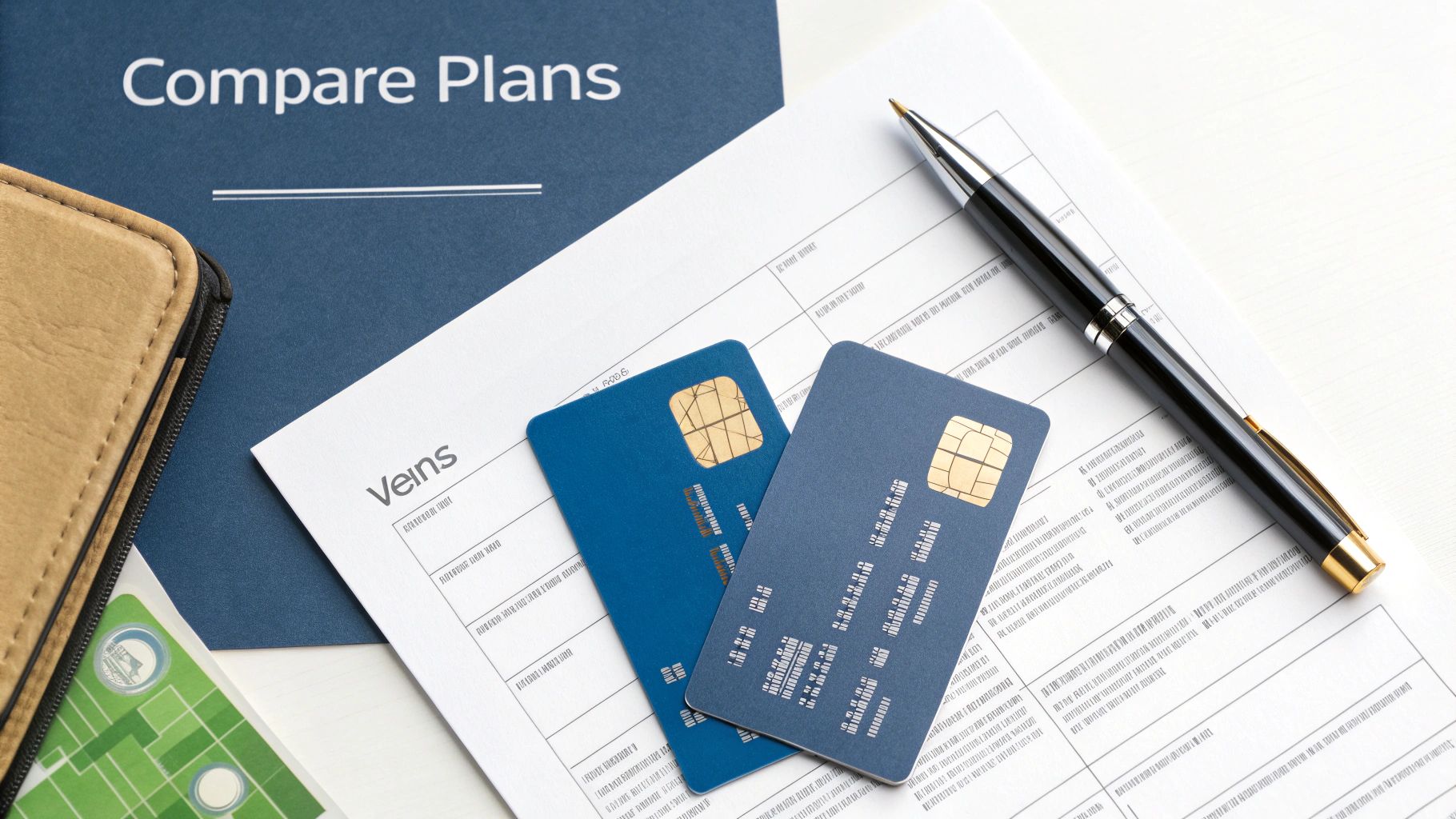 Overhead view of a 'Compare Plans' folder, health documents, two credit cards, and a pen.