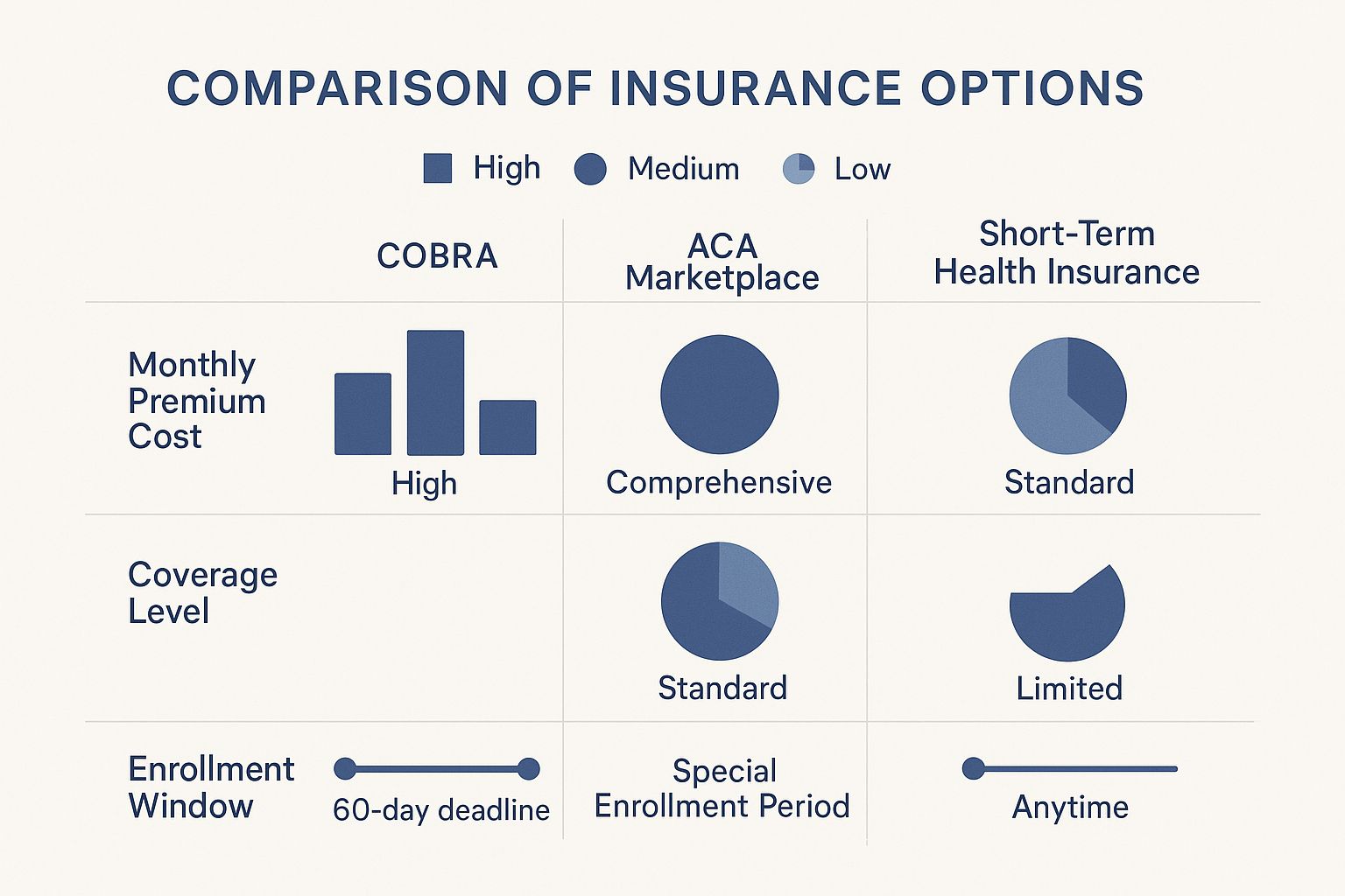 Infographic comparing COBRA, ACA Marketplace, and Short-Term Health Insurance on cost, coverage, and enrollment.
