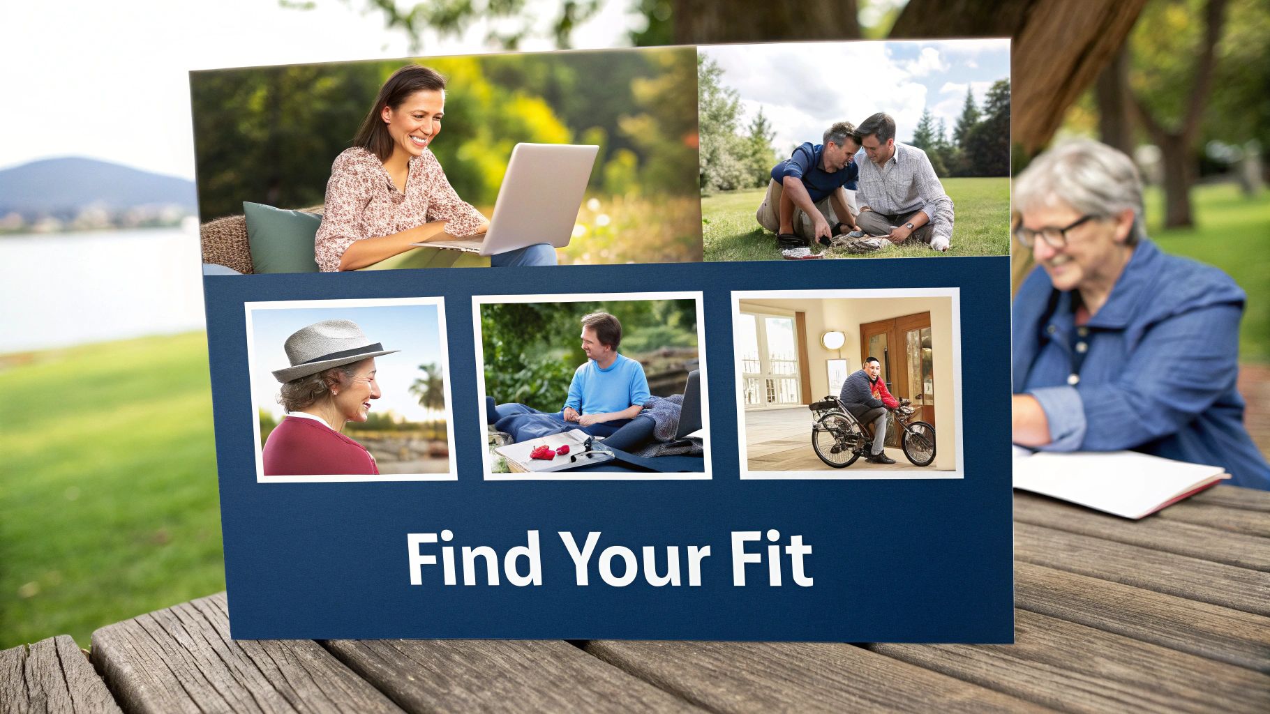 A blue sign on a wooden table displays "Find Your Fit" with photos of diverse people enjoying different activities.