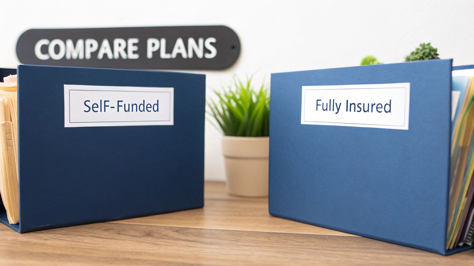 Two blue binders comparing self-funded and fully insured health insurance plans side by side