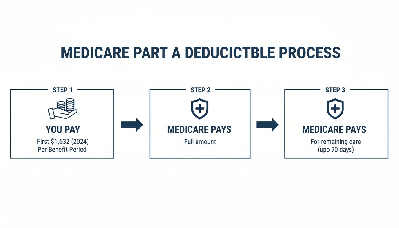 Three-step flowchart explaining the Medicare Part A deductible payment process.