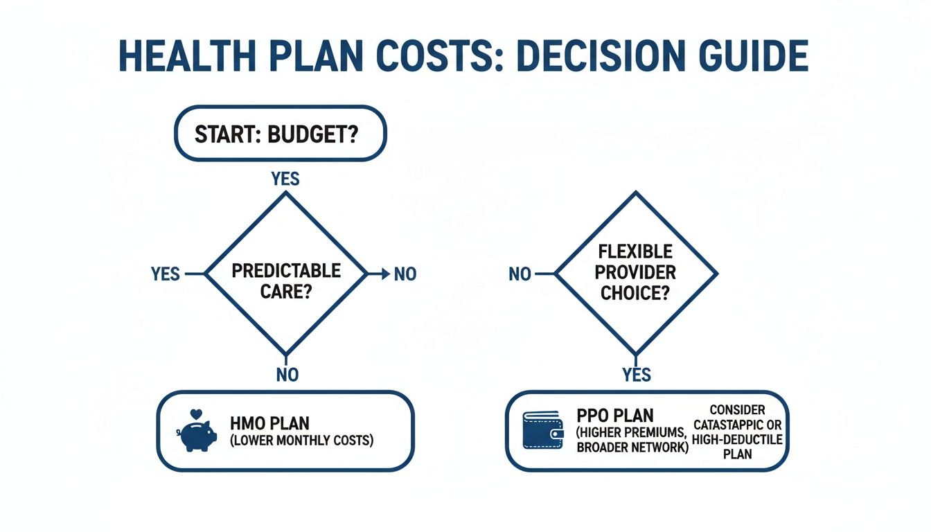 Flowchart comparing health plan costs, guiding decision between HMO and PPO based on budget and care needs.