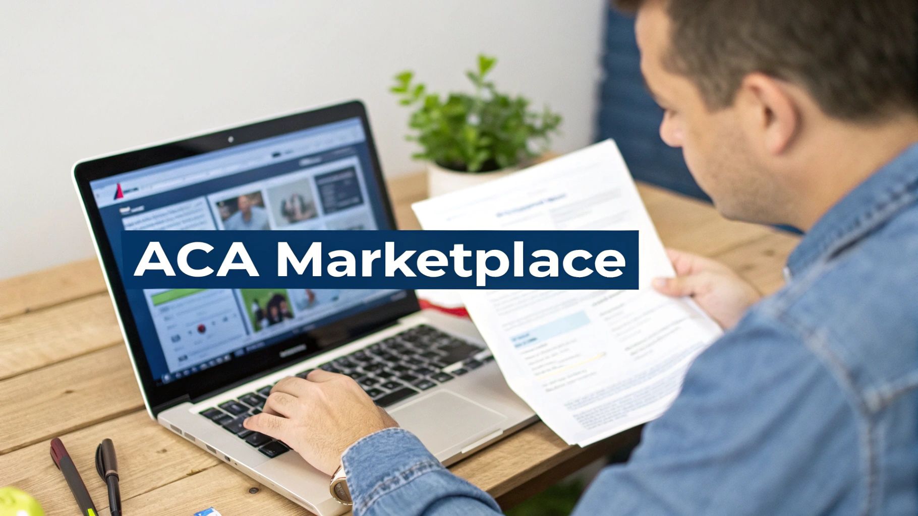 Person researching health insurance options on a laptop and reviewing documents for ACA Marketplace.