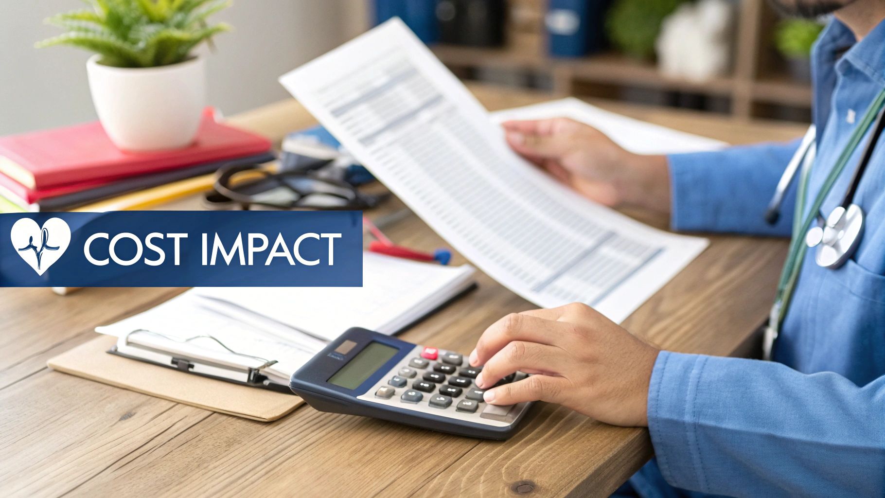 A person reviewing their budget and health insurance documents on a laptop.