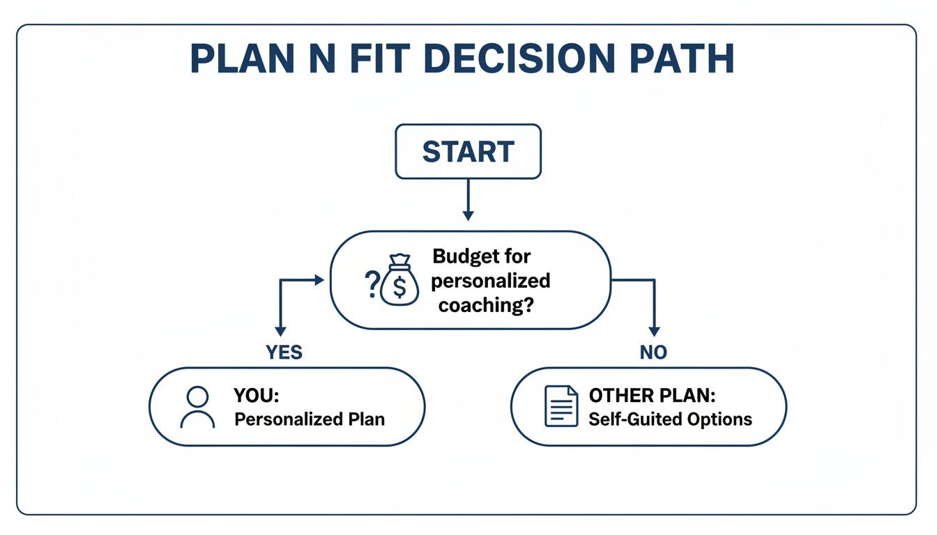 Flowchart for Plan N Fit decision path, determining personalized versus self-guided options based on coaching budget.