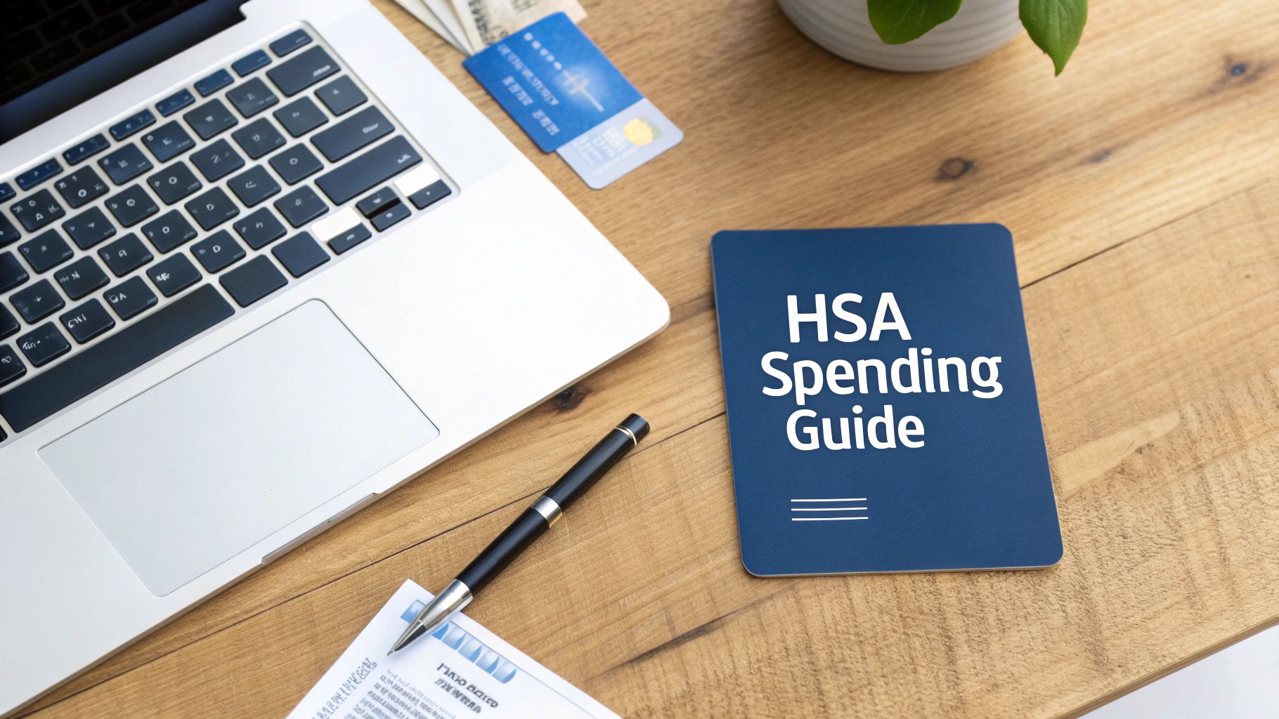 HSA spending guide booklet on wooden desk with laptop, credit card, and pen