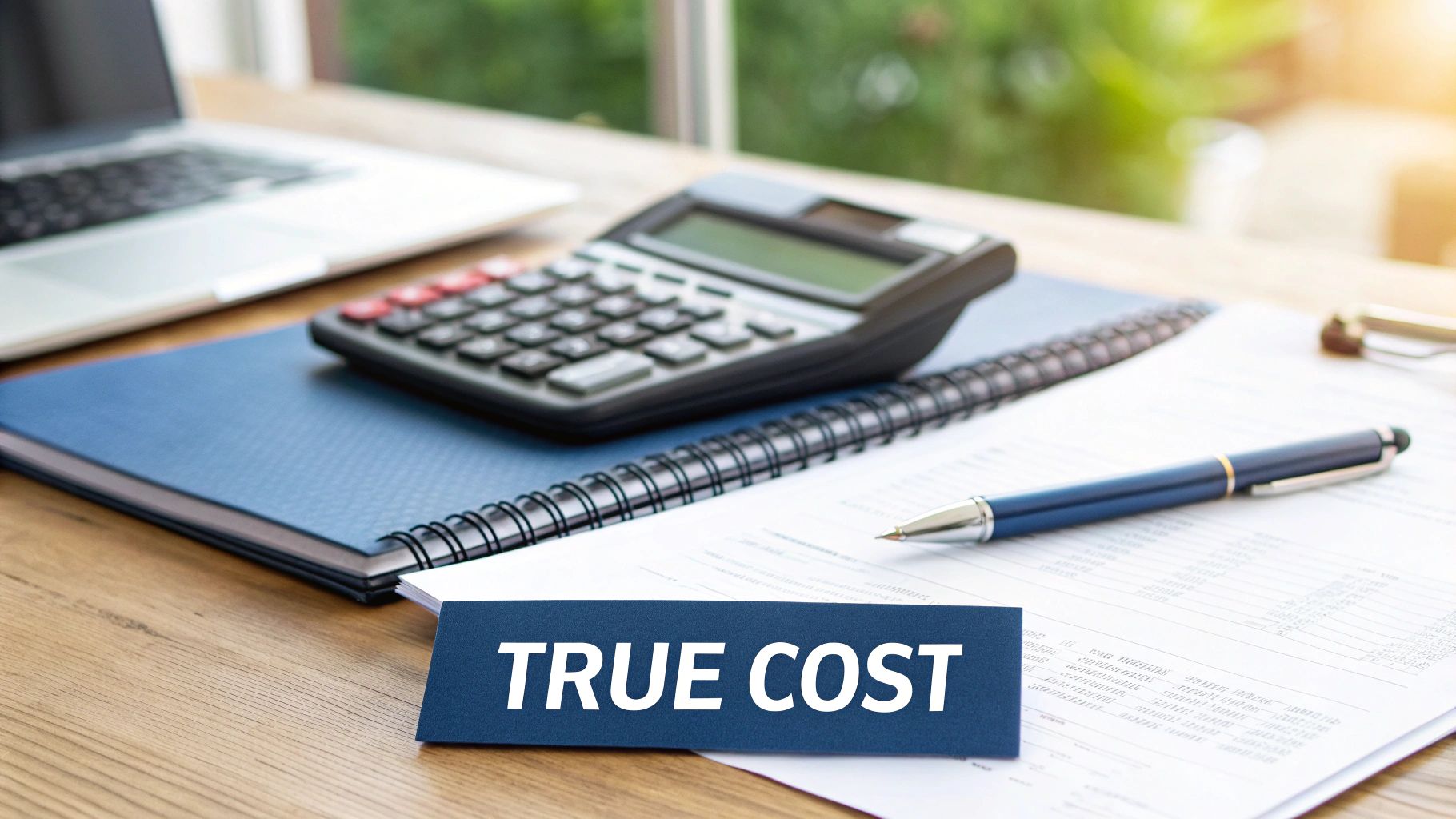A desk setup with a calculator, notebook, pen, and a card displaying 'TRUE COST' on financial papers.