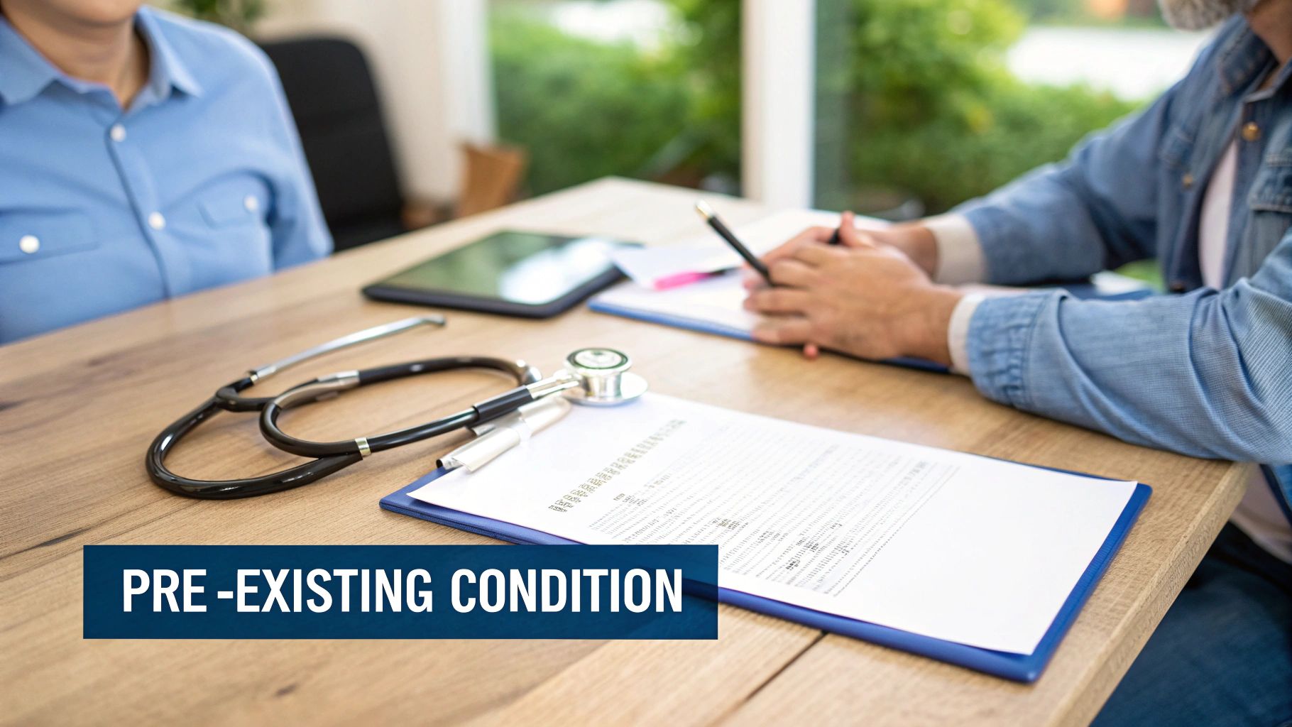 A doctor consults a patient about medical forms and a pre-existing condition, with a stethoscope on the table.